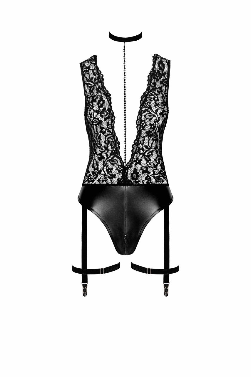 Libido Deep-V Bodysuit with Collar, Pearl Chain and Garter
