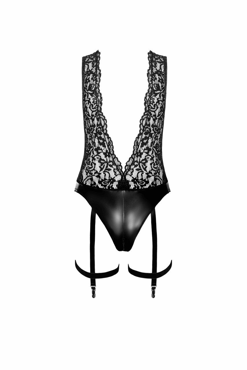 Libido Deep-V Bodysuit with Collar, Pearl Chain and Garter