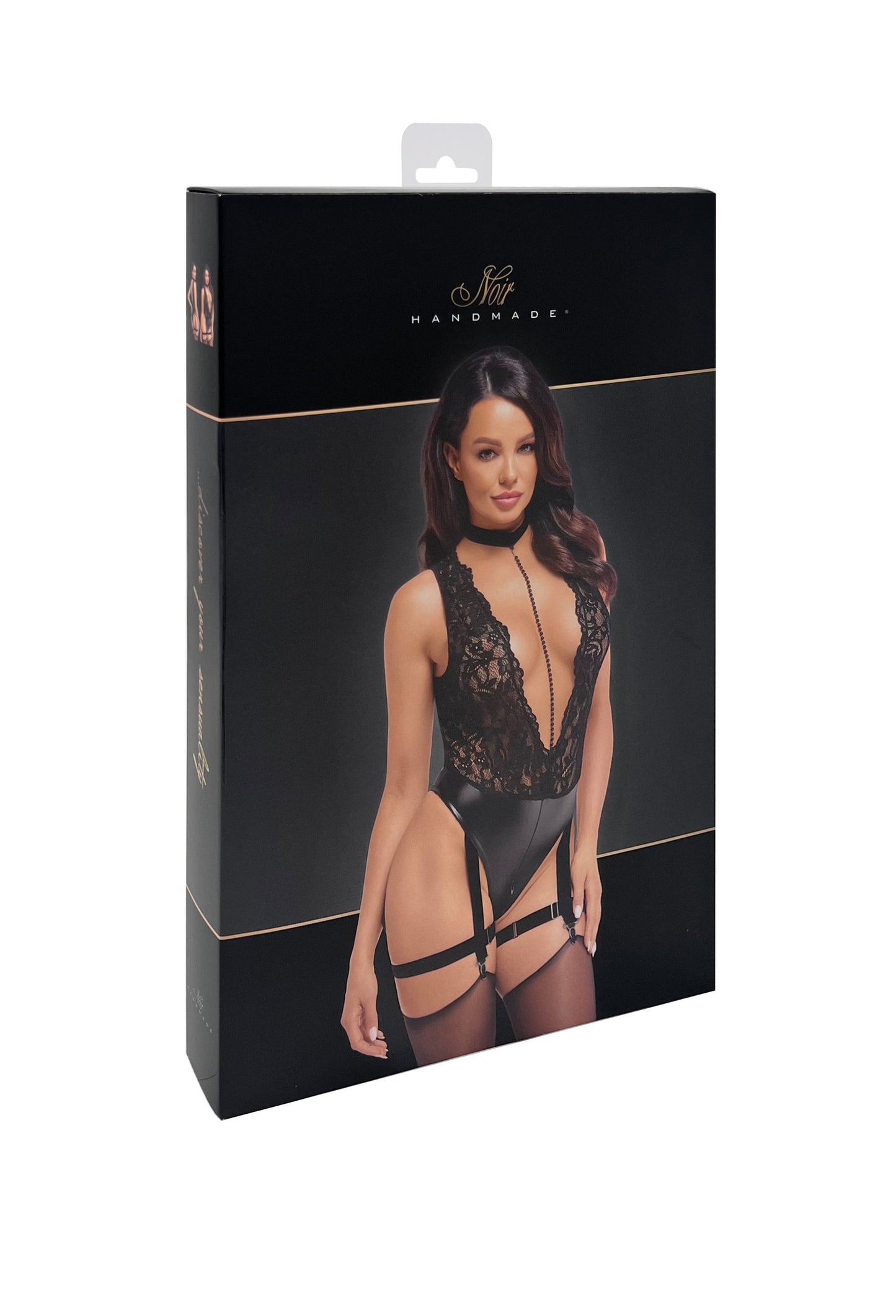 Libido Deep-V Bodysuit with Collar, Pearl Chain and Garter