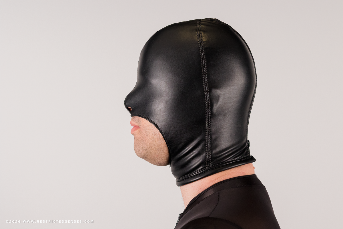 Faux Leather Open Mouth Bondage Hood with Zipper