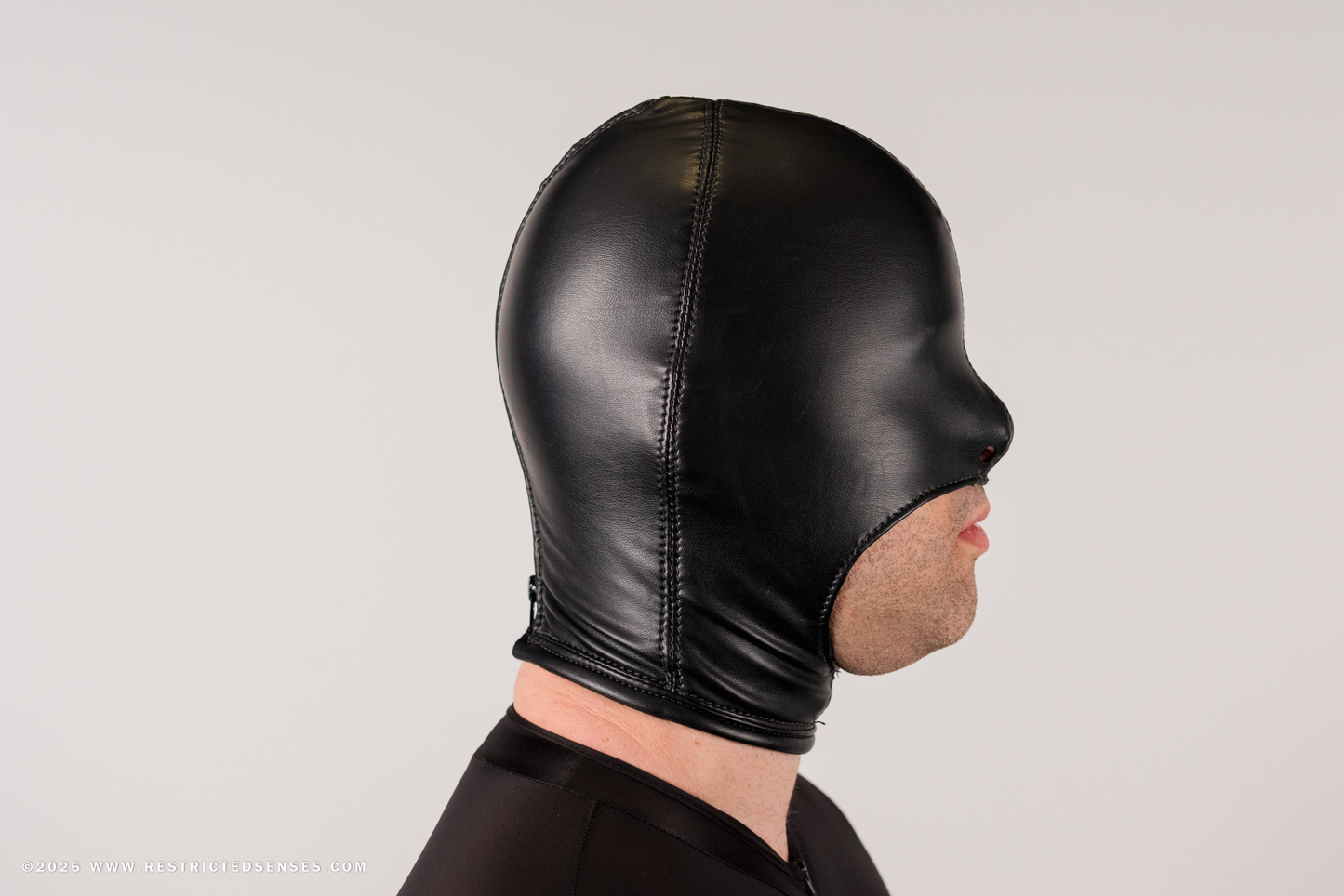 Faux Leather Open Mouth Bondage Hood with Zipper
