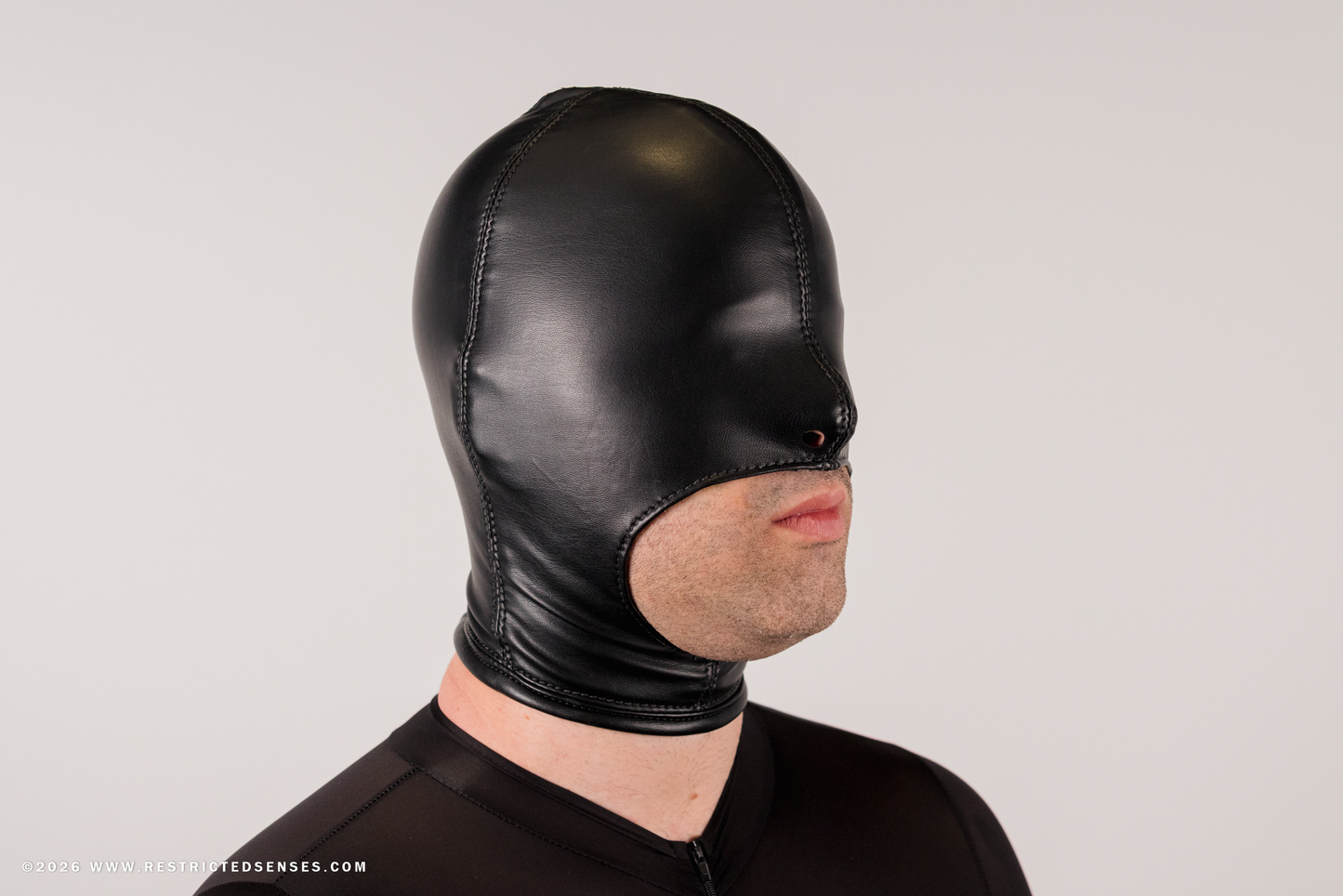 Faux Leather Open Mouth Bondage Hood with Zipper
