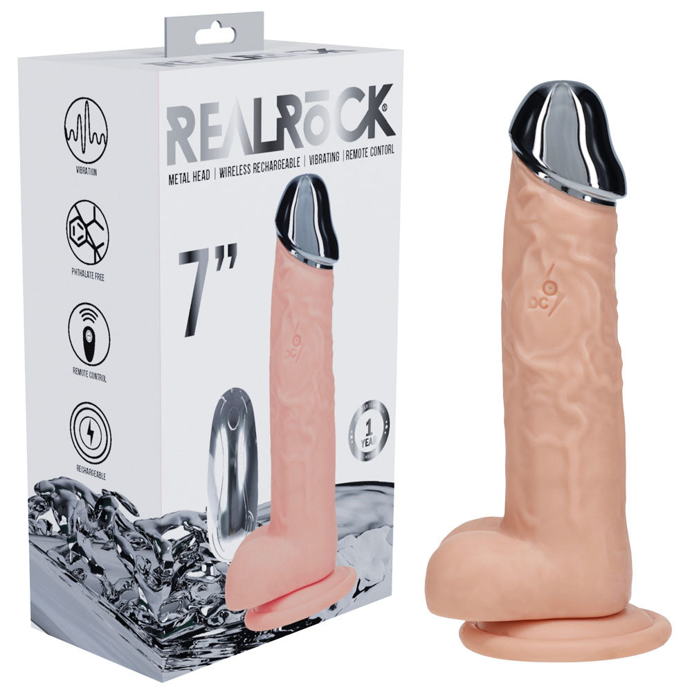 RealRock Metal Head 7in Remote Vibrating Dildo - Flesh