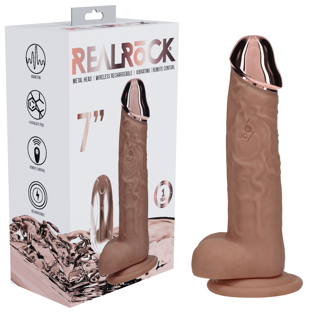 RealRock Metal Head 7in Remote Vibrating Dildo - Tan