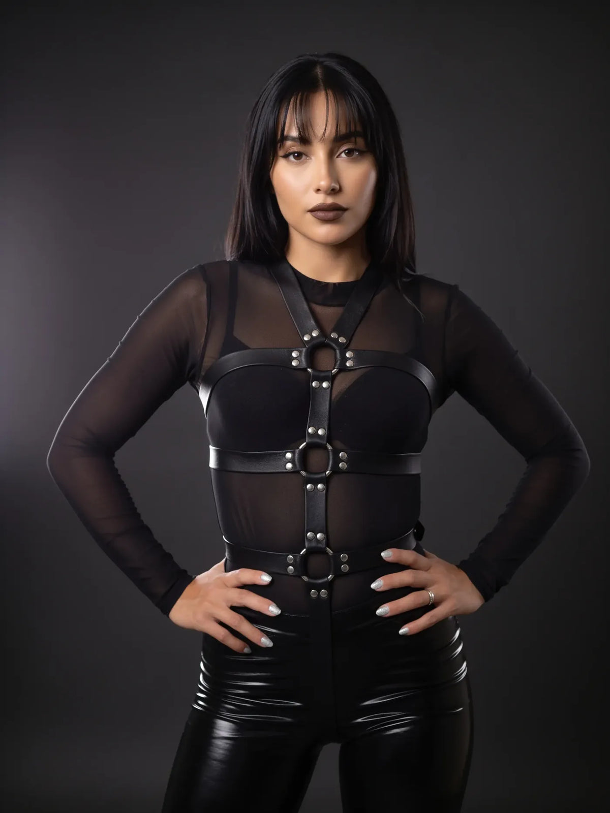 Sadie wearing the Leather Bondage Five Point Body Harness