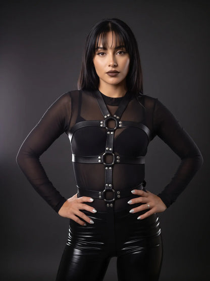 Sadie wearing the Leather Bondage Five Point Body Harness