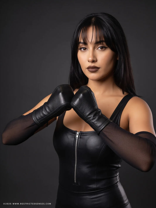 Sadie wearing the Leather Bondage Mittens with Zipper