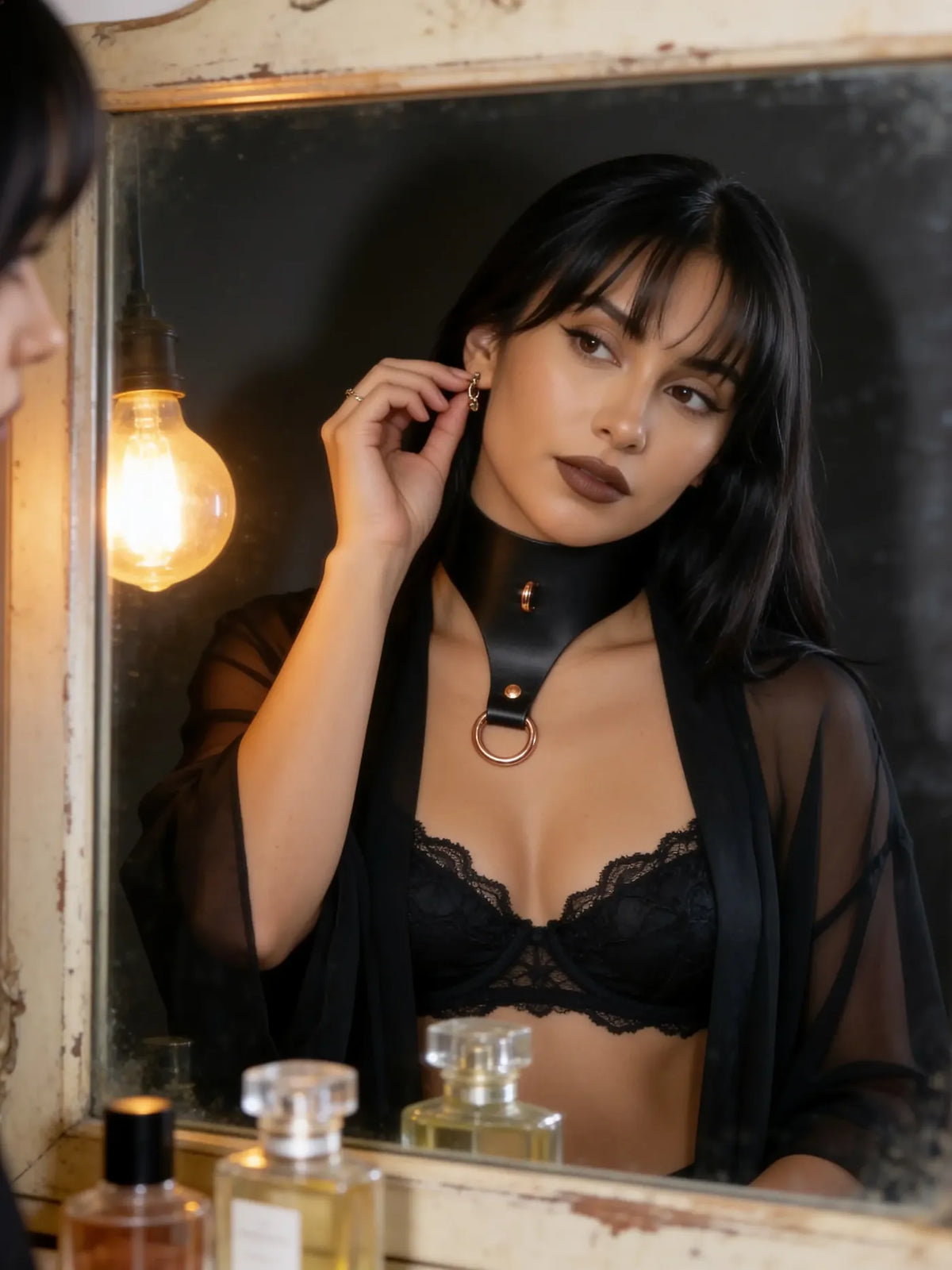 Sadie wearing the Tear Drop Leather Bondage Collar