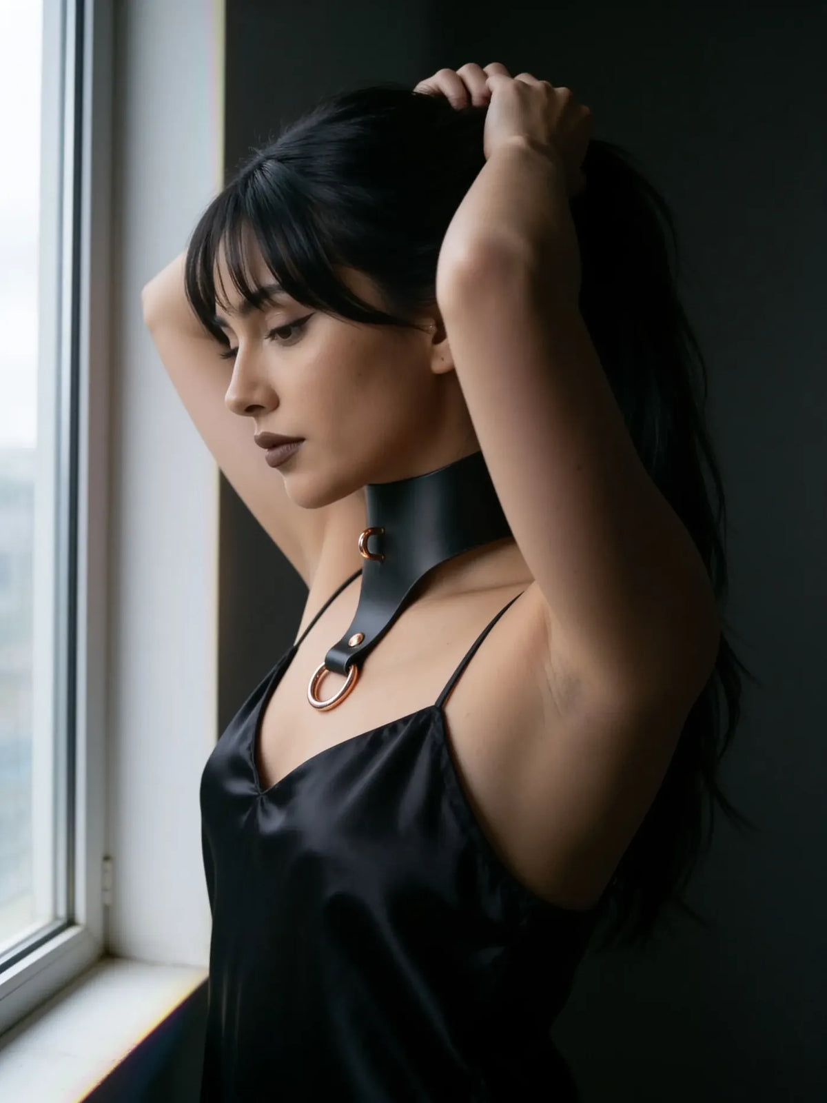 Sadie wearing the Tear Drop Leather Bondage Collar