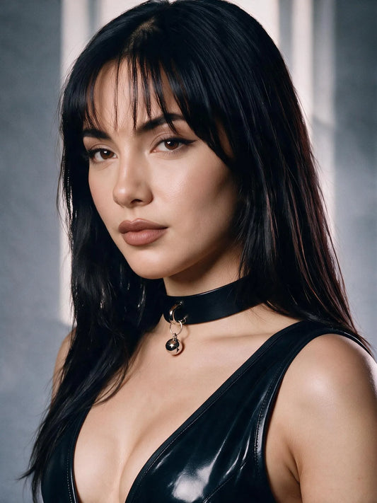 Sadie wearing the Leather Bondage Locking Collar with Post and Bell
