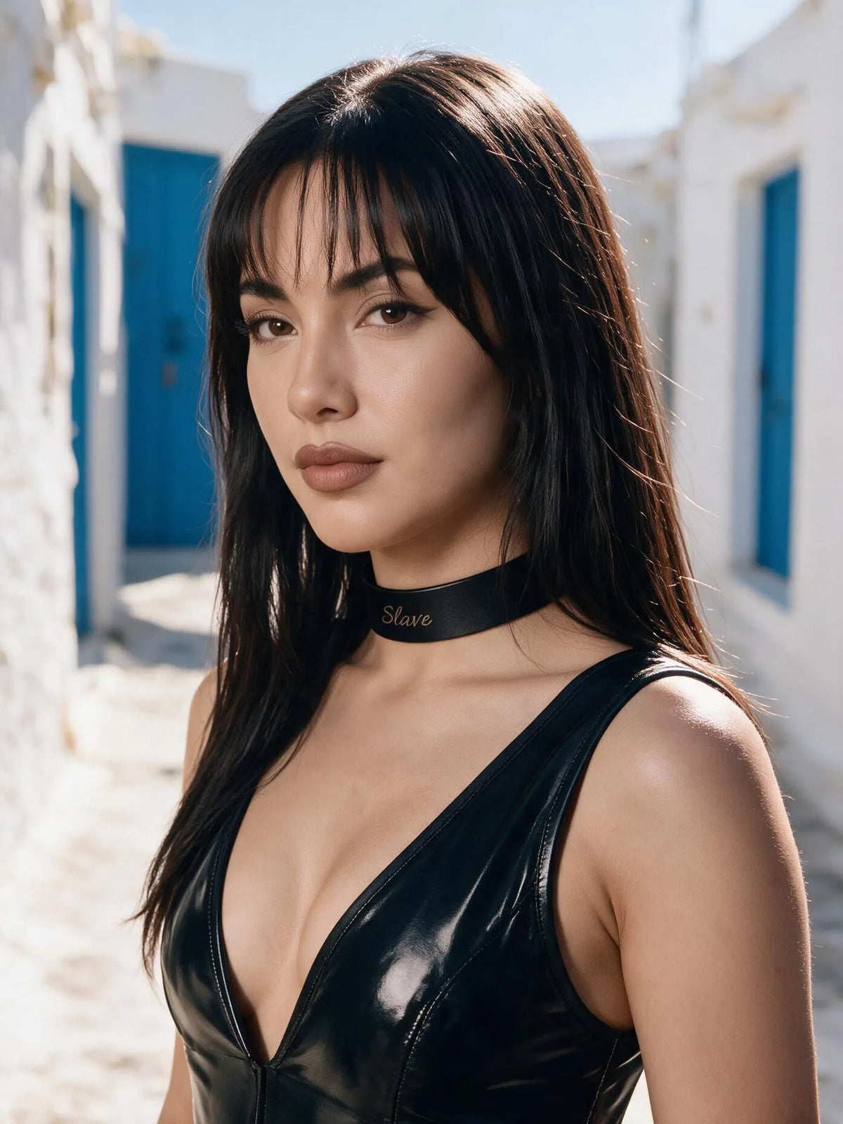 Sadie wearing the Leather Bondage Engraved Locking Collar