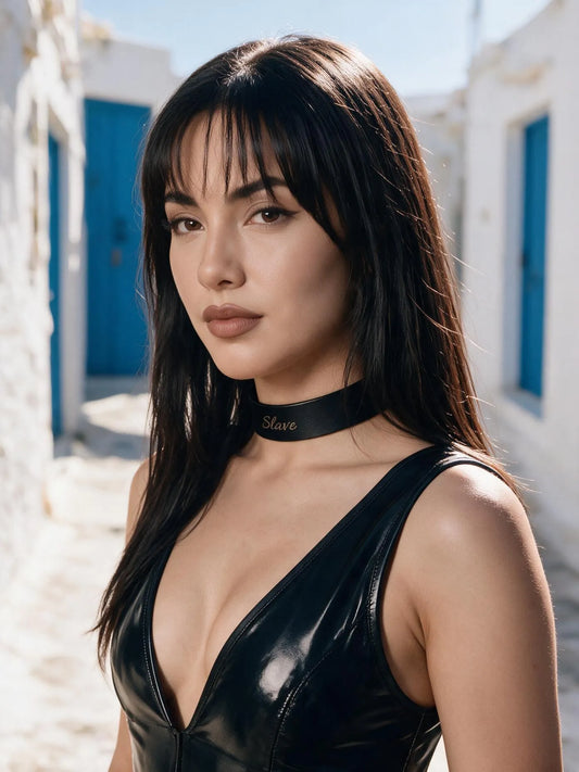 Sadie wearing the Leather Bondage Engraved Locking Collar