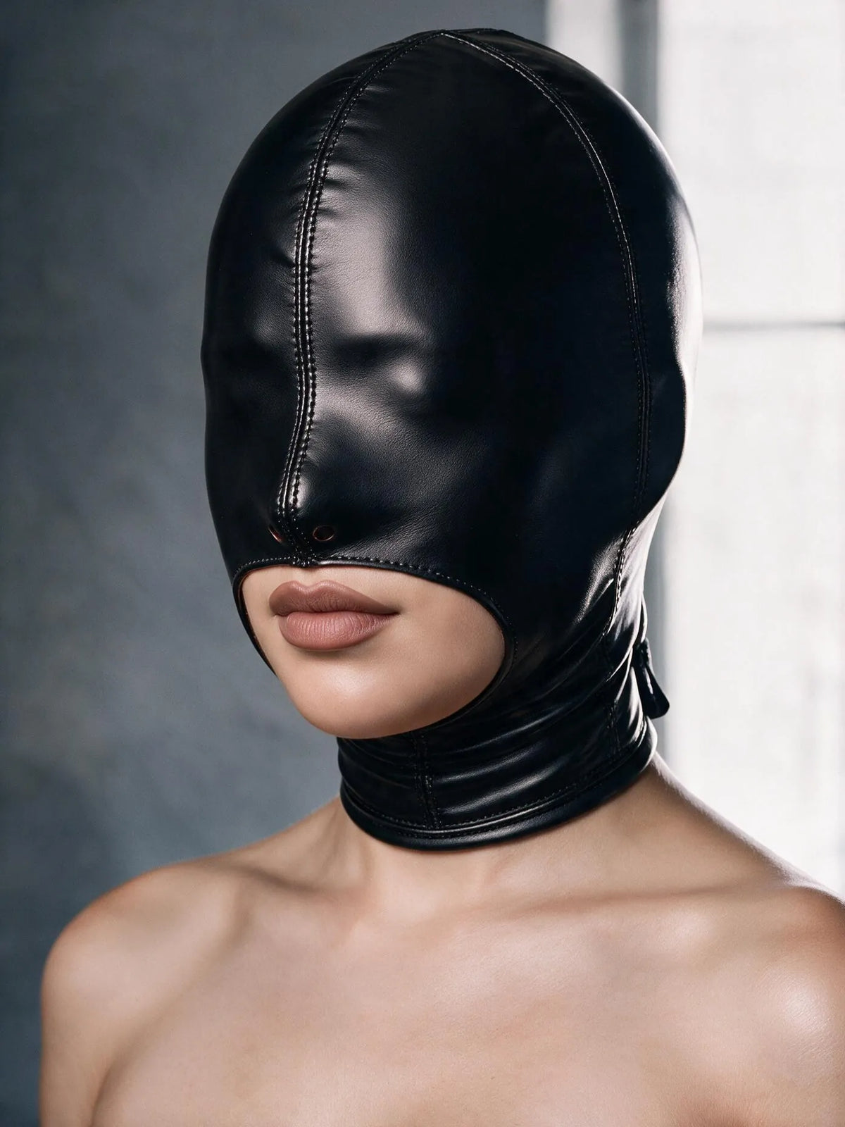Sadie wearing the Faux Leather Open Mouth Bondage Hood with Zipper