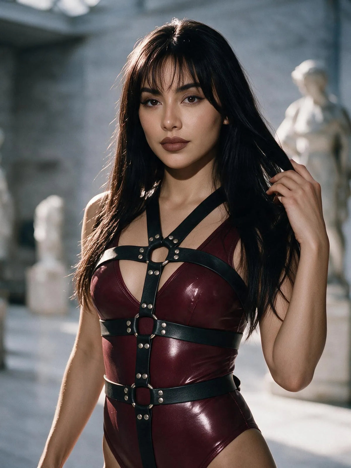 Sadie wearing the Leather Bondage Five Point Body Harness