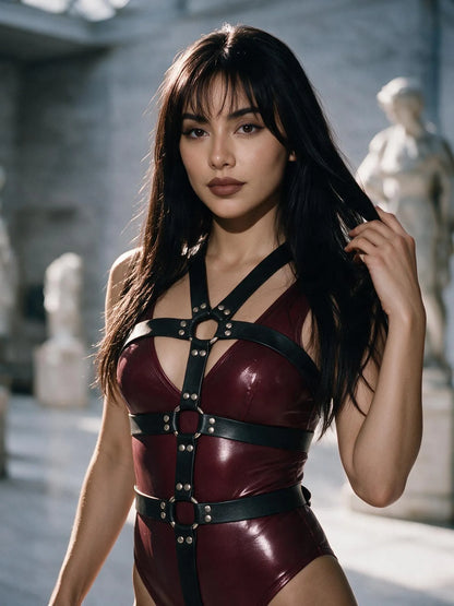 Sadie wearing the Leather Bondage Five Point Body Harness