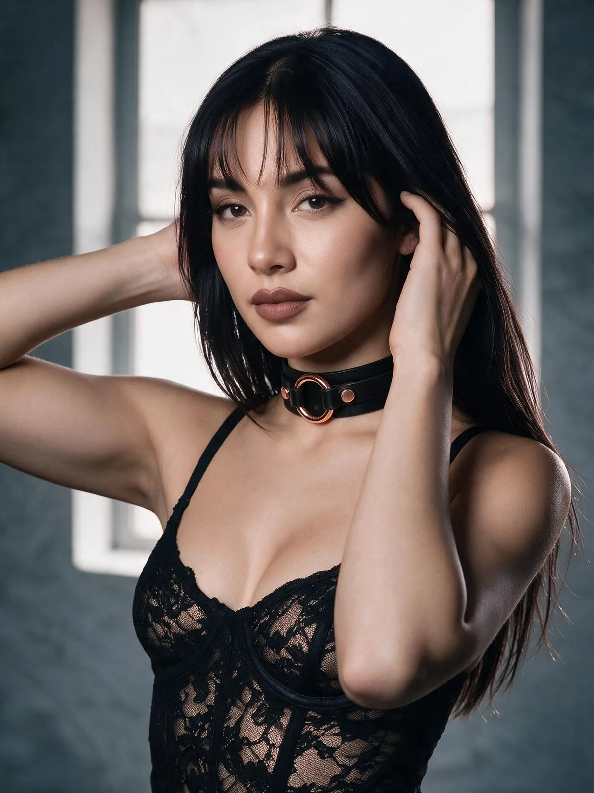 Sadie wearing the Leather Bondage O-Ring Collar
