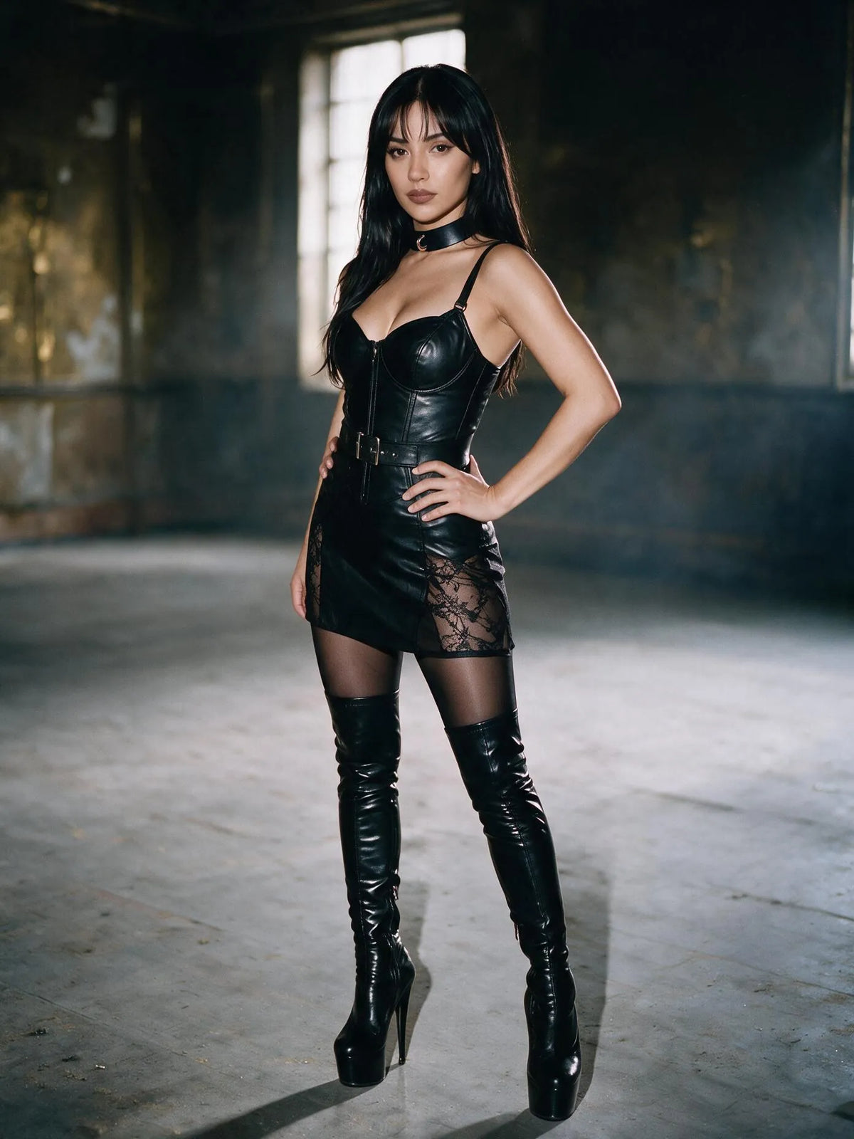 Sadie wearing the Leather Bondage Locking Collar with Post
