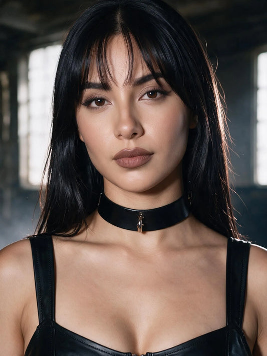Sadie wearing the Leather Bondage Locking Collar with Post