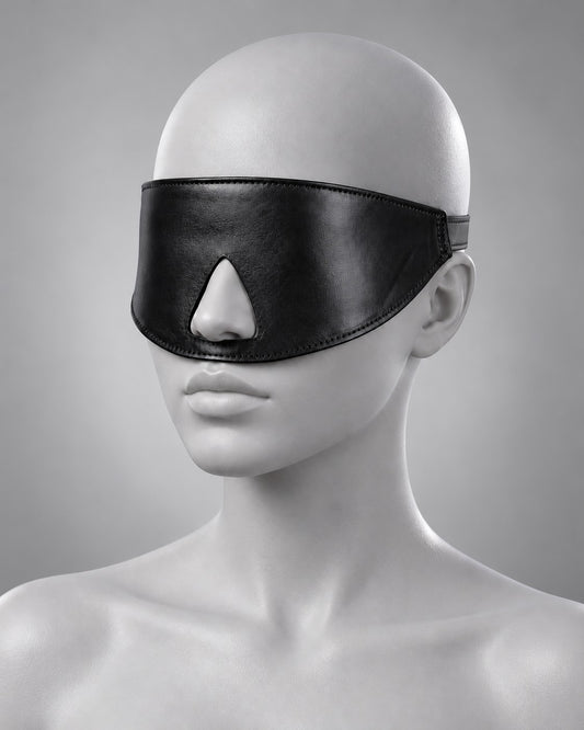 Leather Bondage Blindfold with Buckle in Black, studio image