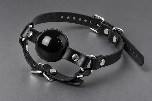 Leather Chin Strap Bondage Ball Gag studio image, Black