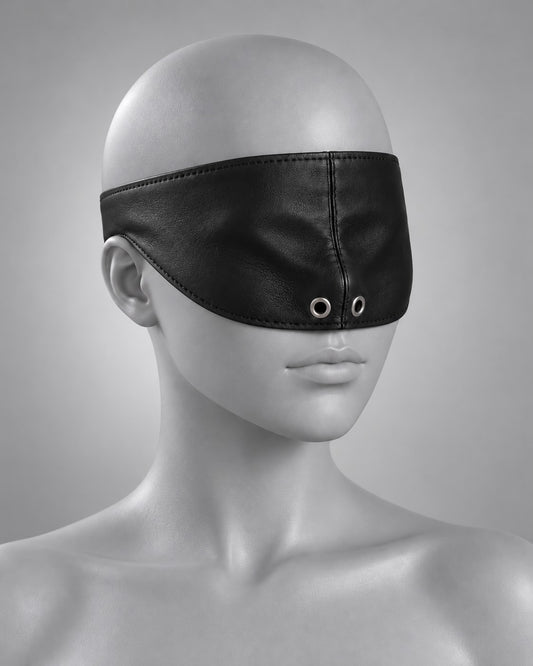 Leather Bondage Face Cover Blindfold in Black, studio image