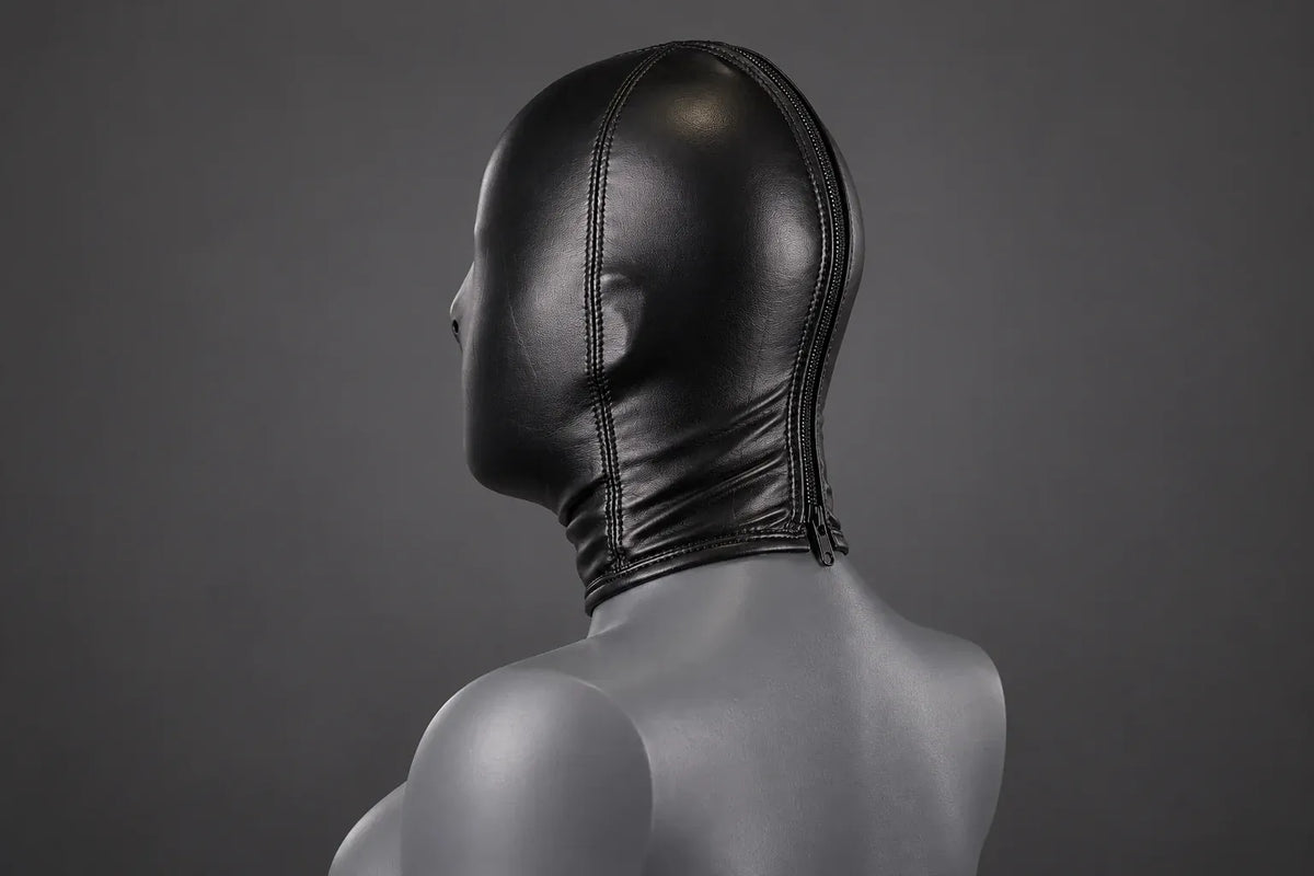 Faux Leather Open Mouth Bondage Hood with Zipper studio image, rear zip