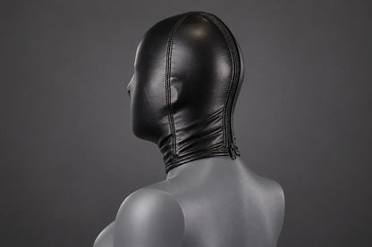 Faux Leather Open Mouth Bondage Hood with Zipper studio image, rear zip