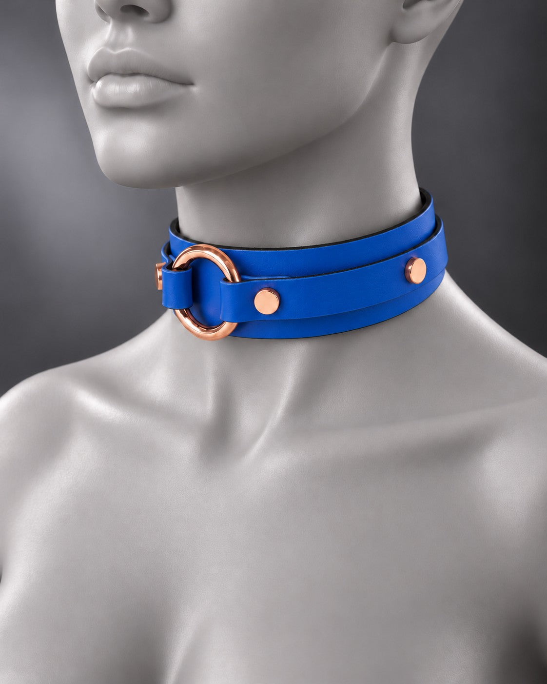 Leather Bondage O-Ring Collar in Cobalt Blue, studio image