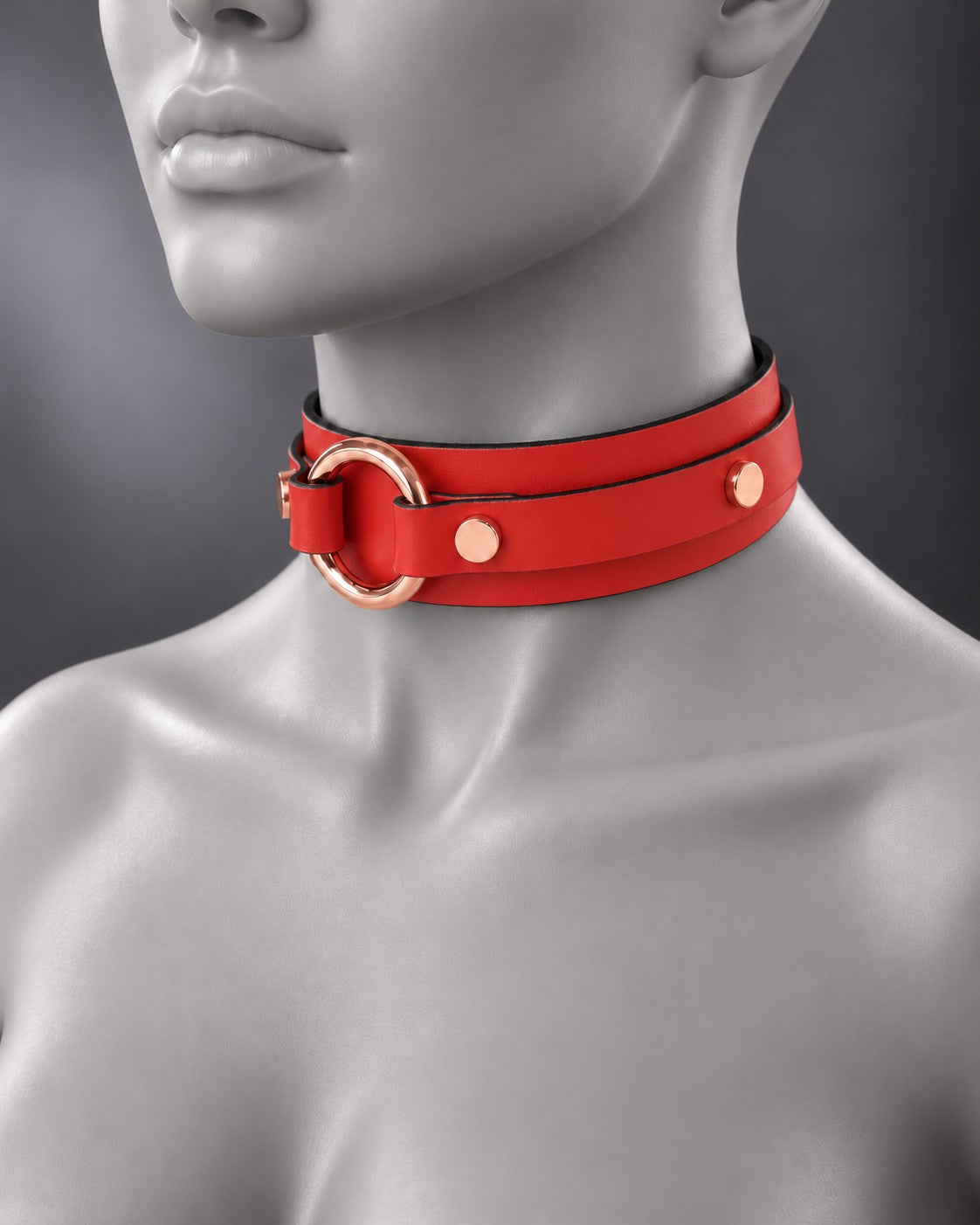 Leather Bondage O-Ring Collar in Fire Red, studio image