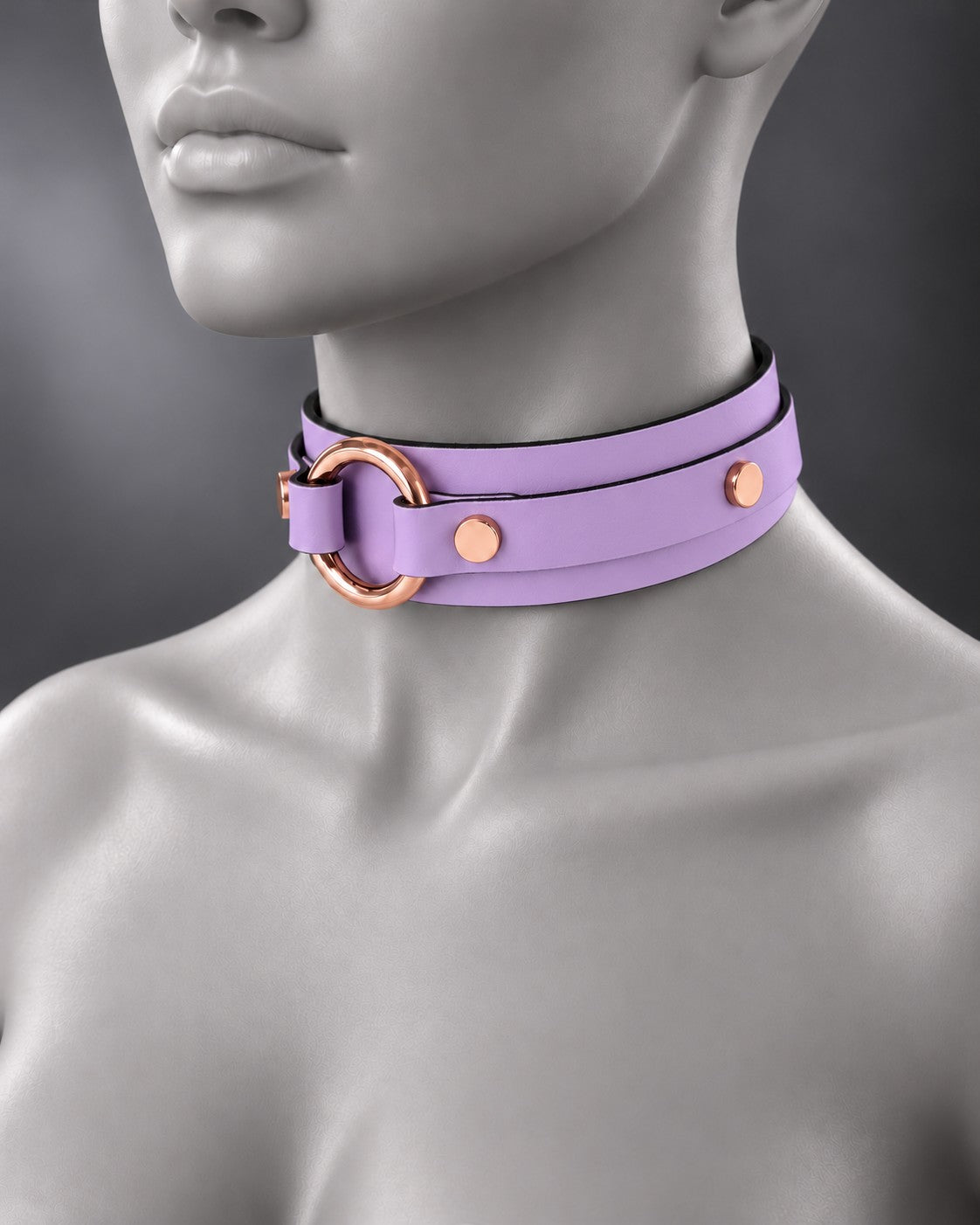 Leather Bondage O-Ring Collar in Lilac, studio image