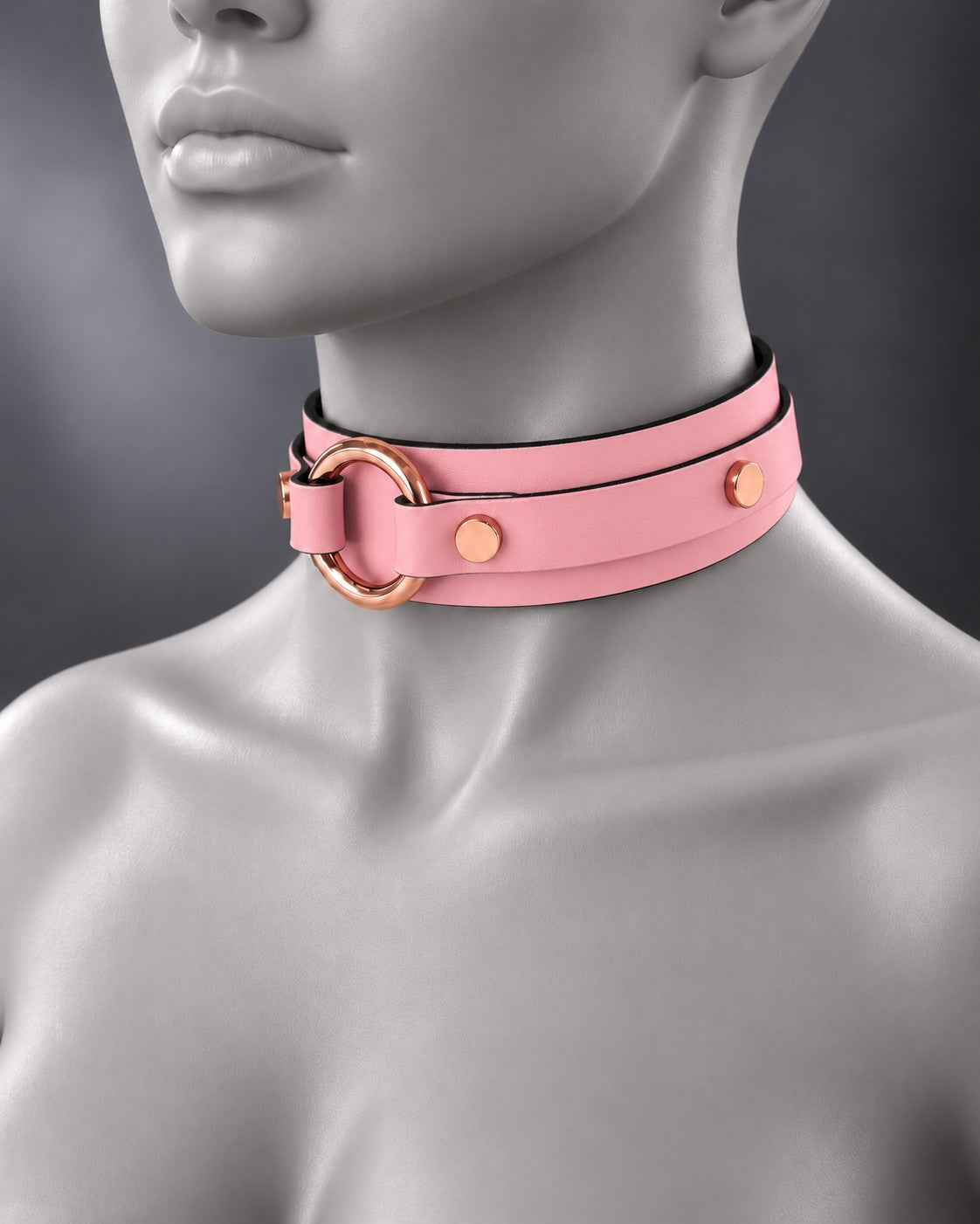 Leather Bondage O-Ring Collar in Petal Pink, studio image