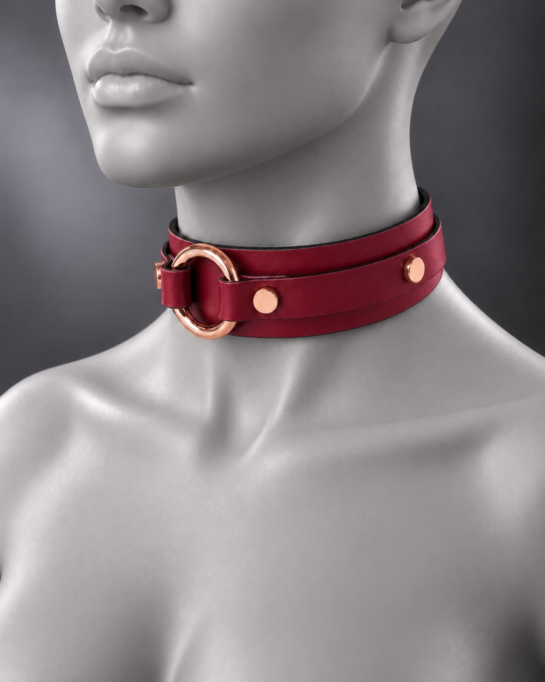 Leather Bondage O-Ring Collar in Scarlet Red, studio image