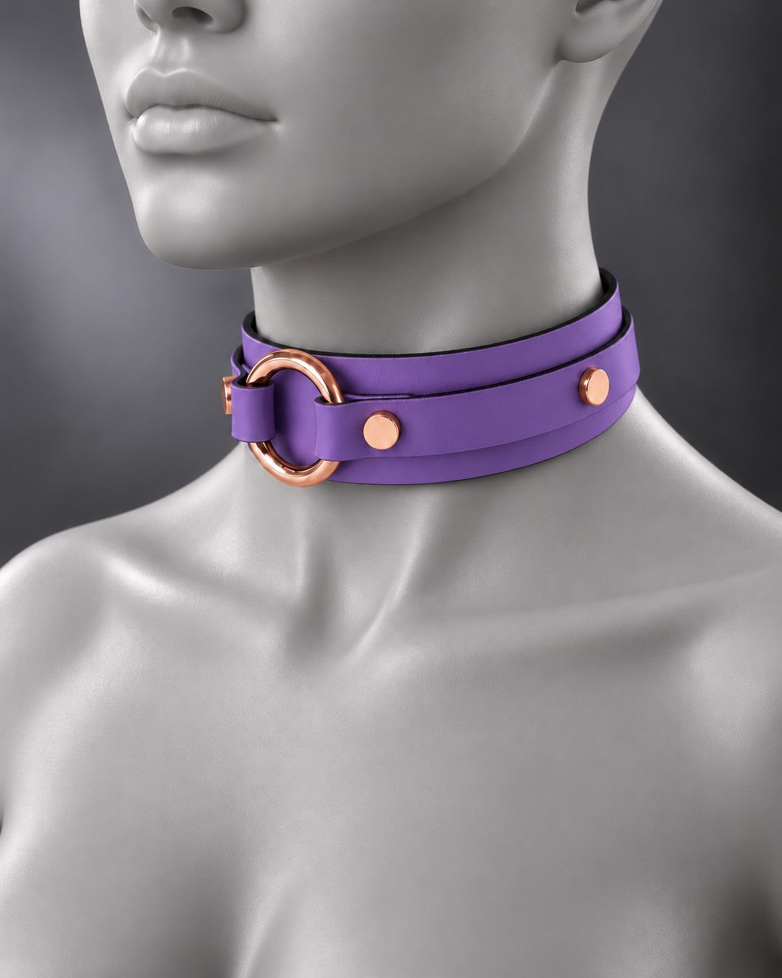 Leather Bondage O-Ring Collar in Violet, studio image