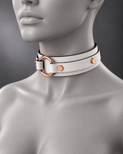 Leather Bondage O-Ring Collar in White, studio image