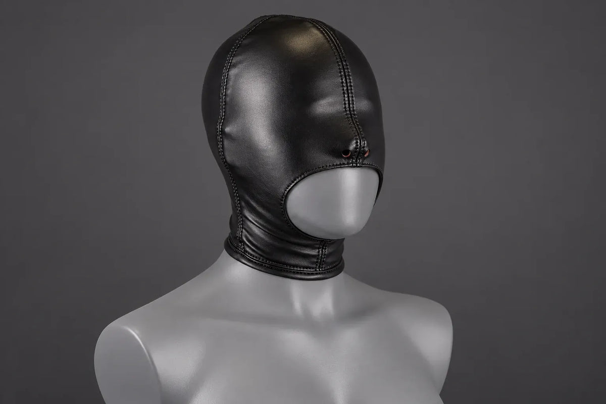 Faux Leather Open Mouth Bondage Hood with Zipper studio image, front