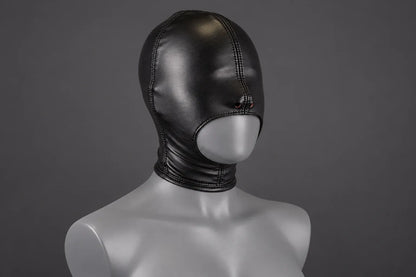 Faux Leather Open Mouth Bondage Hood with Zipper studio image, front