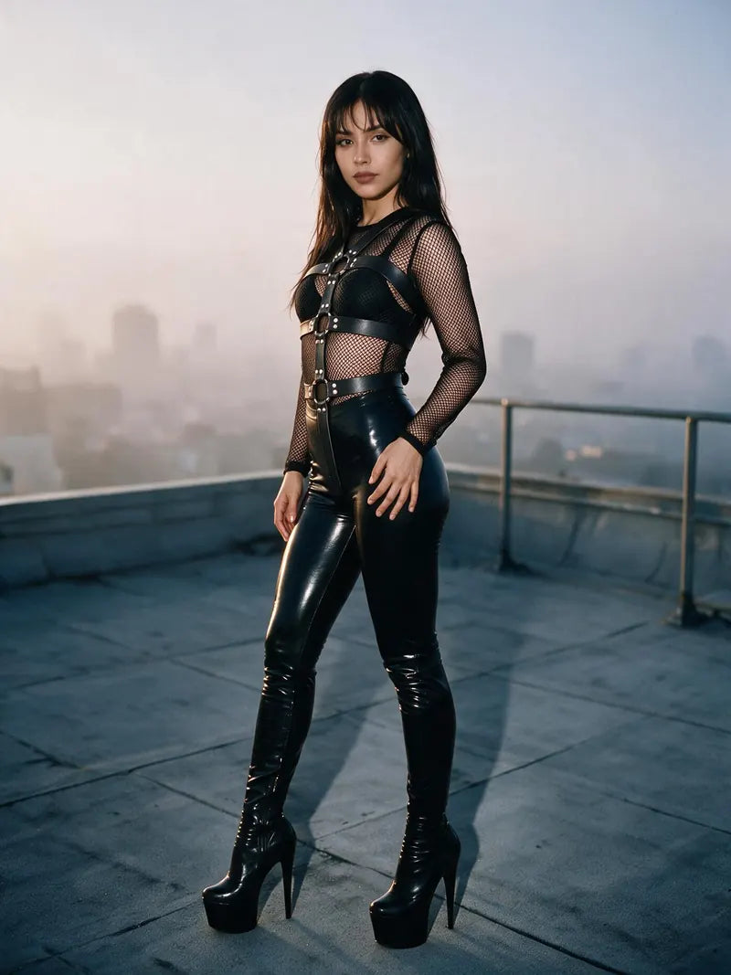Sadie wearing the Leather Bondage Five Point Body Harness